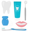 Oral cavity treatment brushing teeth toothpaste toothbrush dental floss vector illustration Royalty Free Stock Photo